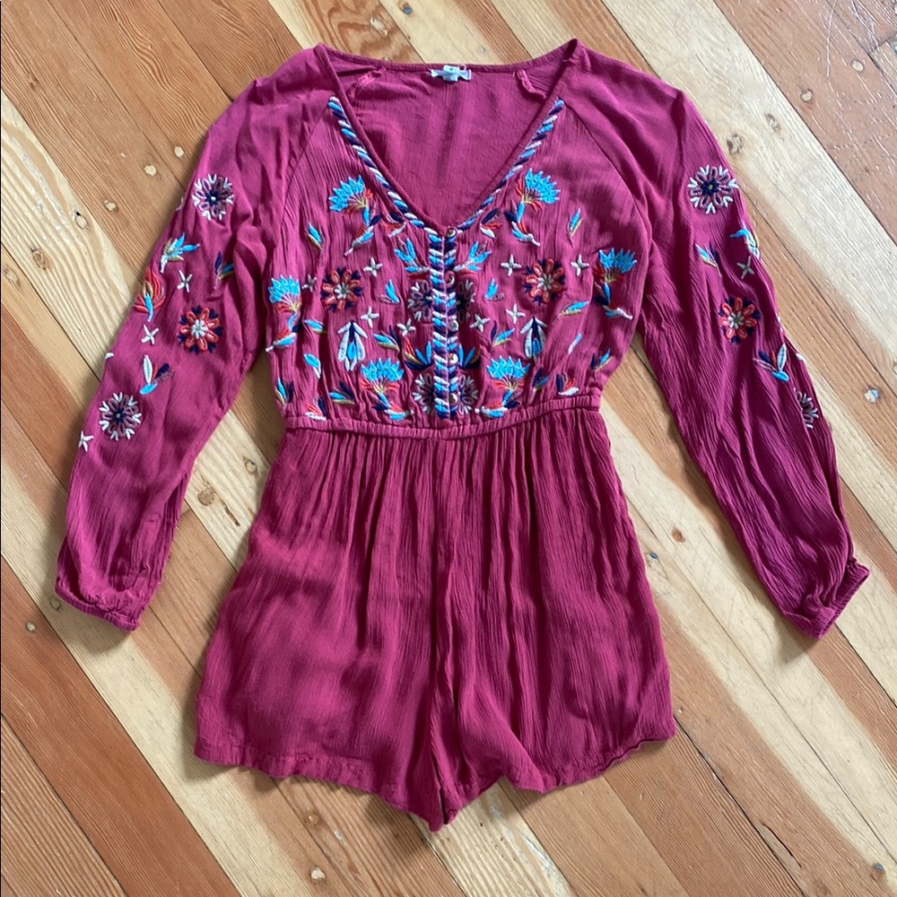 Ecote Floral Embroidered Long Sleeve Shorts Romper Small